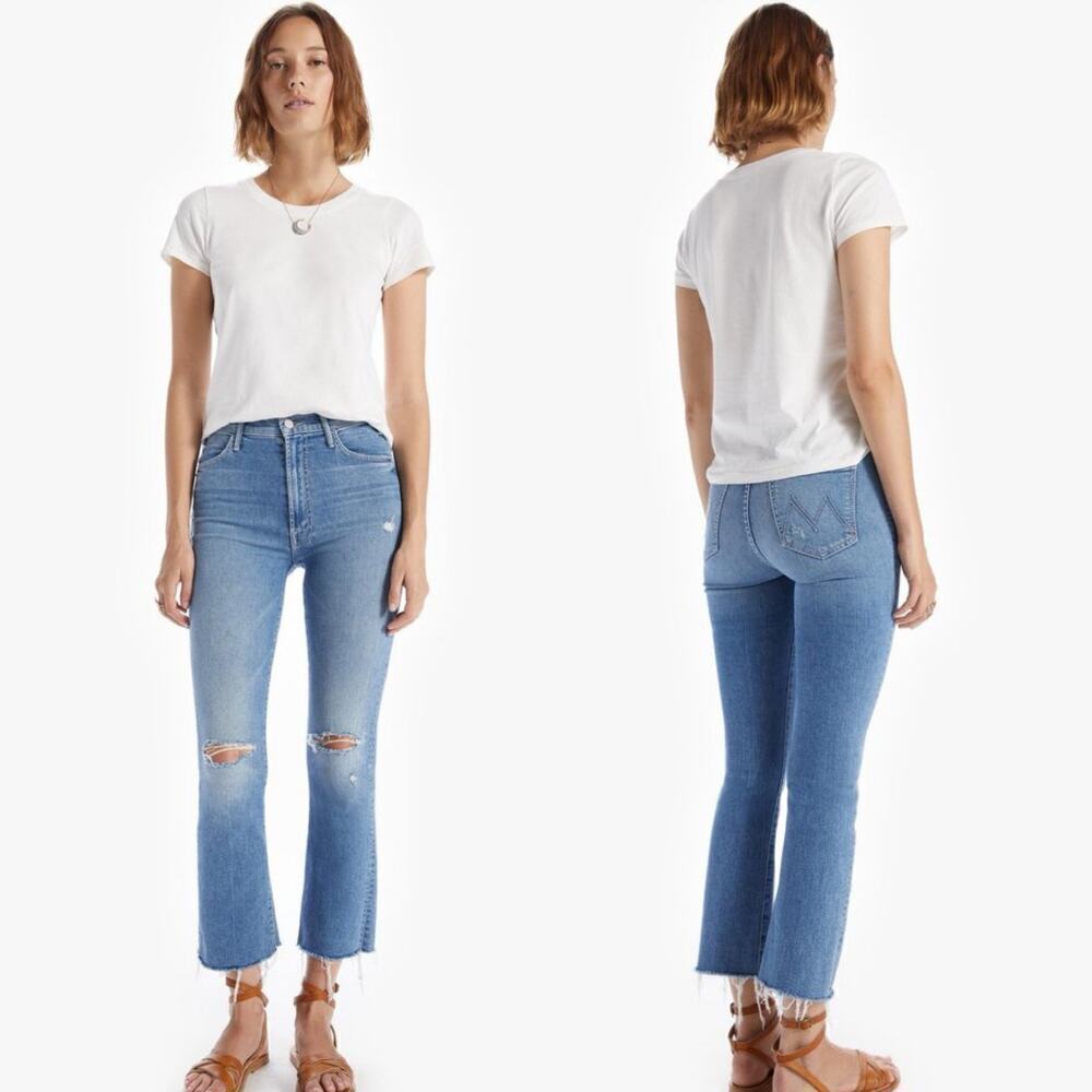 Mother The Hustler Ankle Fray Straight Leg Crop Jeans Distressed Blue Size 25